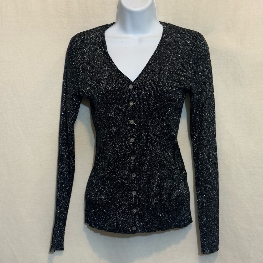 D-44‎ Casual Corner Black & Silver Silk Blend Cardigan Sweater Size S